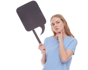 Thoughtful blonde girl holding a signboard with copy space. Studio shot on a white background.