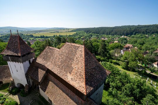 Rooftop of the Viscri Fortified Saxon Church and overview of the village; Viscri, Brasov County, Transylvania, Romania