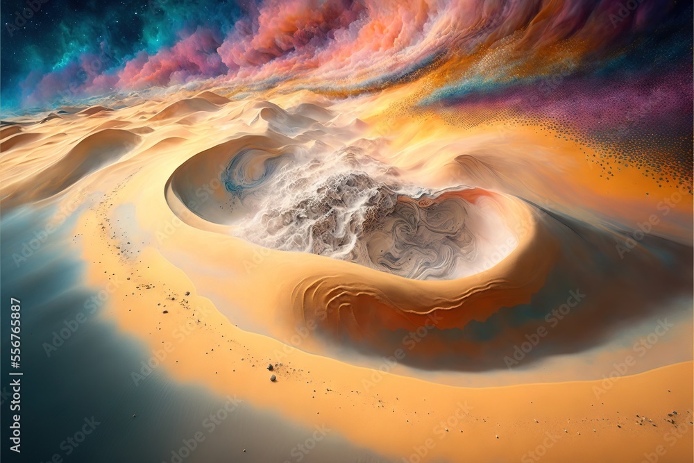 Poster a painting of a desert with a colorful sky and clouds above it and a wave of sand in the foreground.
