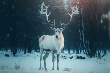 white noble deer with big horns in a magical winter landscape