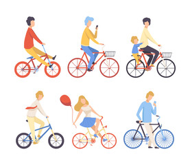 Naklejka premium People riding bicycles set. Side view of cycling men and women. Eco friendly transport, healthy lifestyle concept flat vector illustration