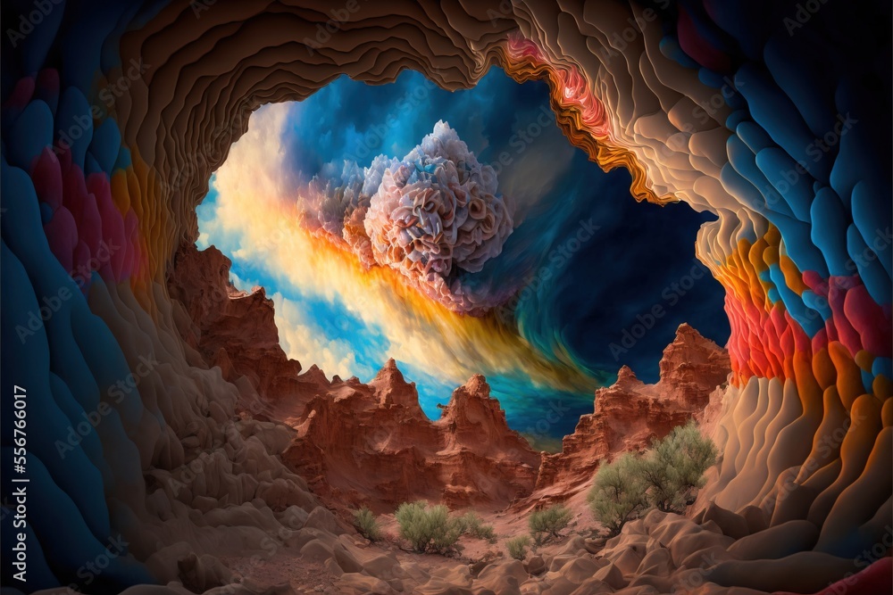 Poster a painting of a colorful landscape with a sky background and clouds in the center of the image is a 