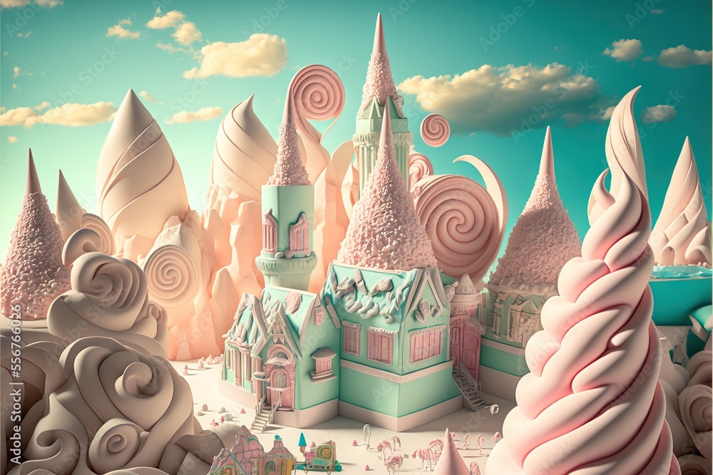 Poster a 3d rendering of a candy land with a castle in the background the castle is made up of various shap