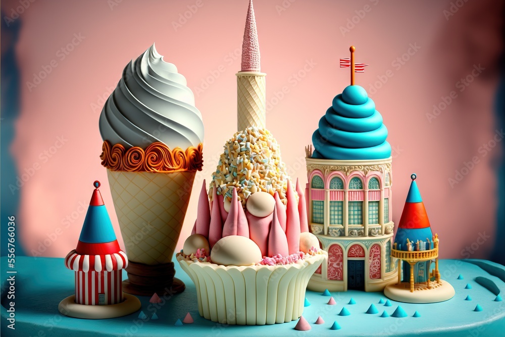Poster a cake with a cupcake and a building in the background with a pink background and blue and pink back