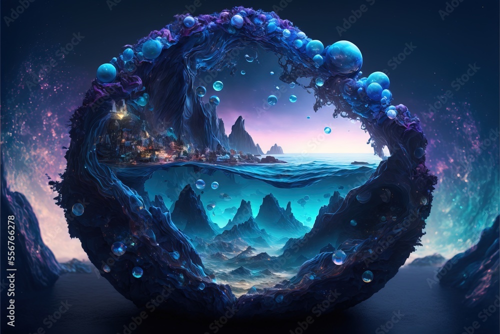 Poster a picture of a landscape with a lot of bubbles in it and a city in the distance in the middle. gener
