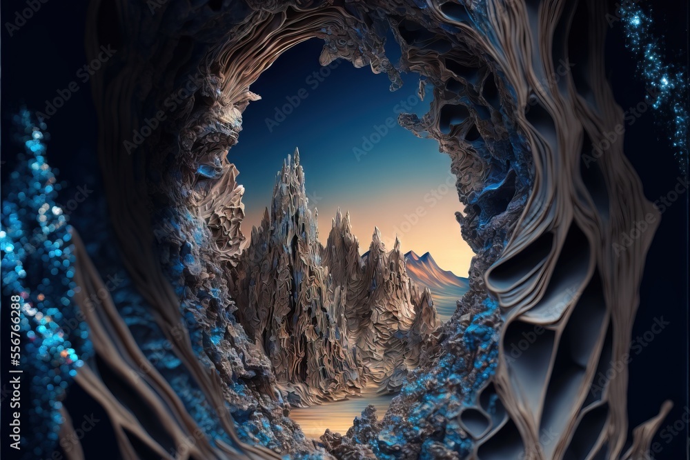 Poster a painting of a mountain landscape with a river running through it and a sky background with stars a