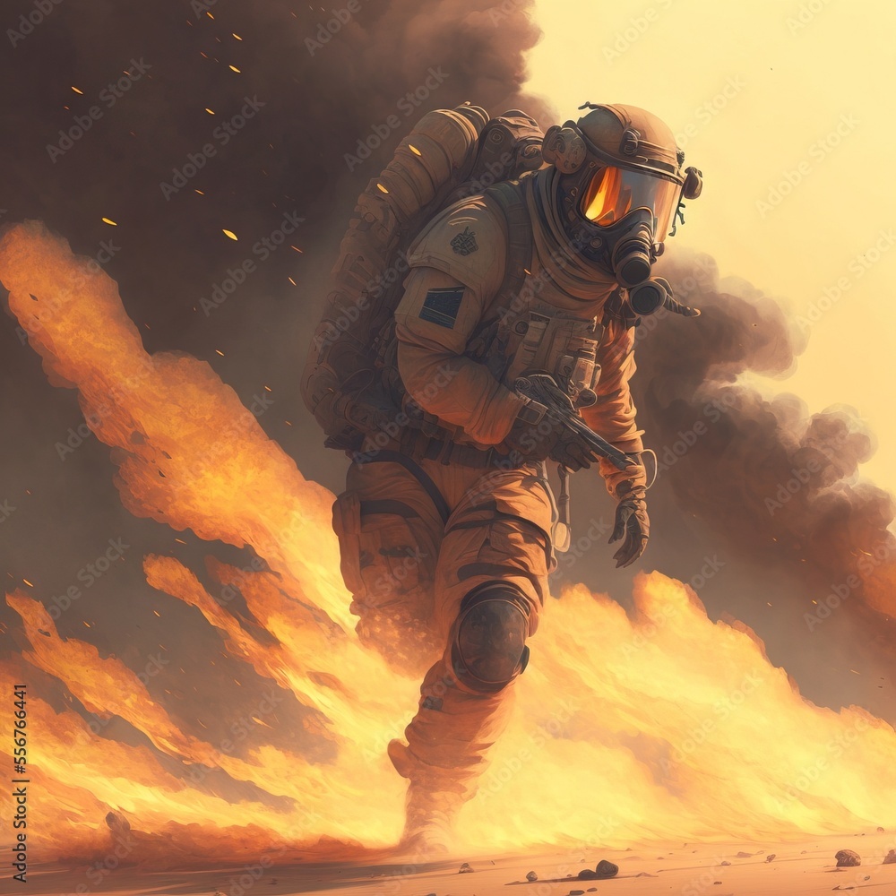 Poster a man in a space suit running through a field of fire with a rifle in his hand and a helmet on. gene