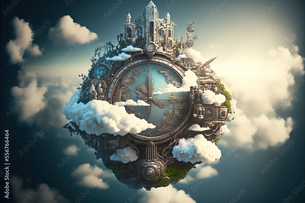 Poster a clock in the clouds with a city on top of it. generative ai