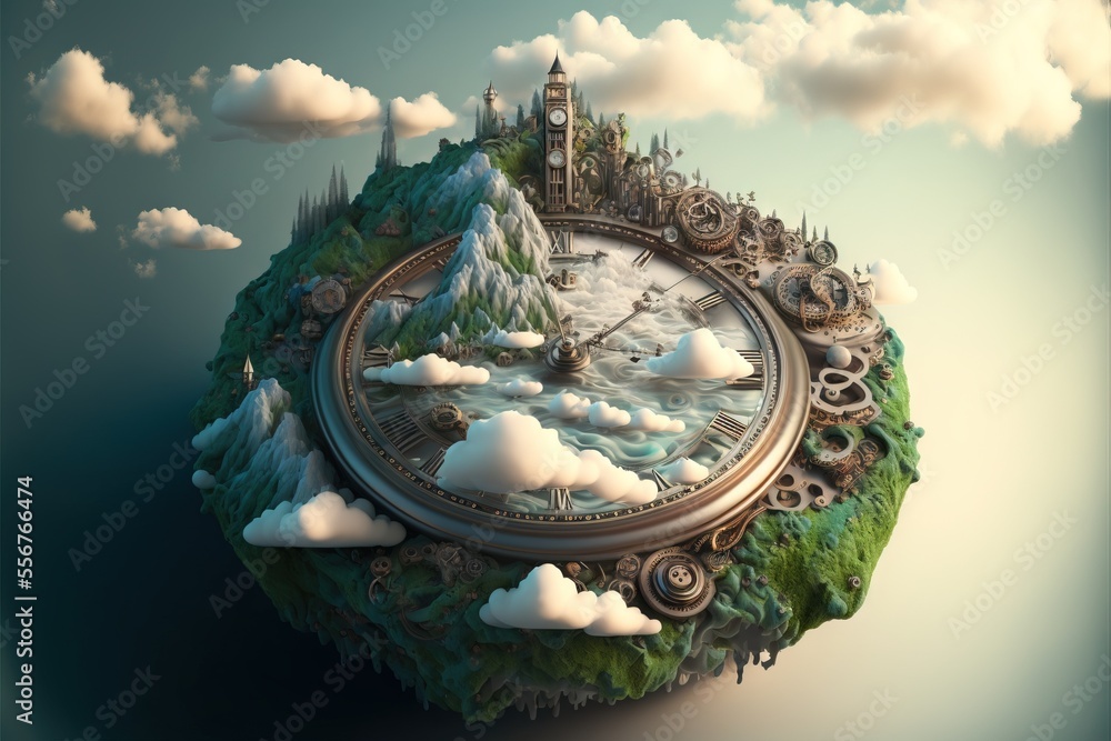 Poster a clock with a landscape on top of it in the sky with clouds and a castle on top of it. generative a