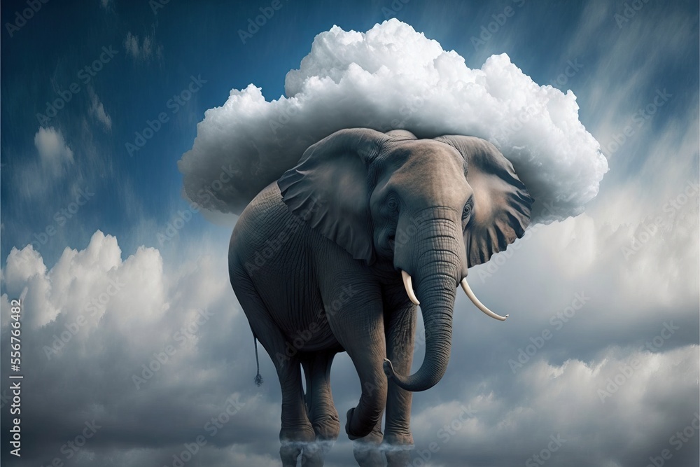 Poster an elephant with a cloud on its head is walking through the clouds in the sky with a blue sky. gener