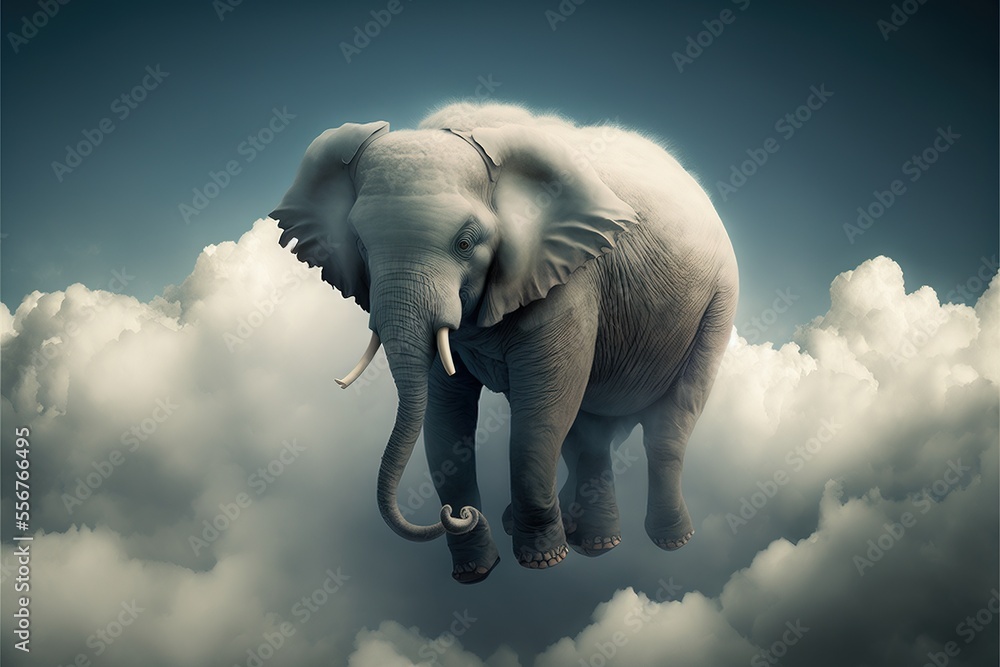 Poster an elephant is flying through the clouds in the sky with its trunk in the air and its head in the ai