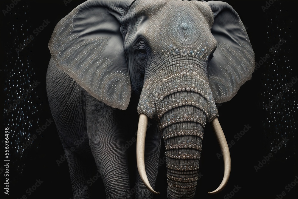 Poster an elephant with a large tusk and a very long trunk with a lot of diamonds on it's face. generative 
