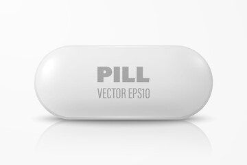 Vector 3d Realistic White Oval Horizontal Pharmaceutical Medical Pill, Capsule, Tablet Icon Closeup Isolated on White Background. Front View. Medical Concept