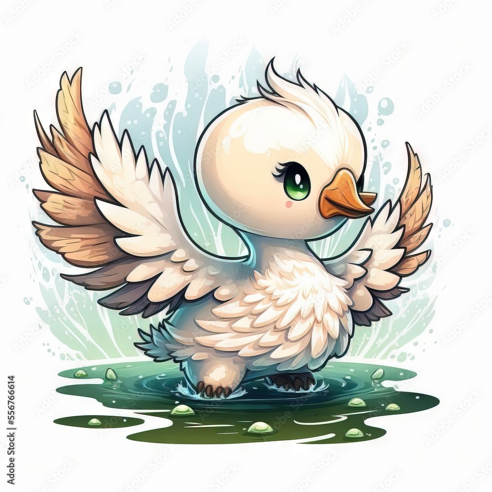 Poster a white duck with wings is standing in the water with its wings spread out and its eyes open. genera