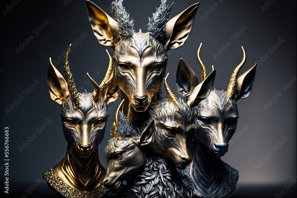 Poster a group of three statues of deer with horns on their heads and a black background with a gray backgr