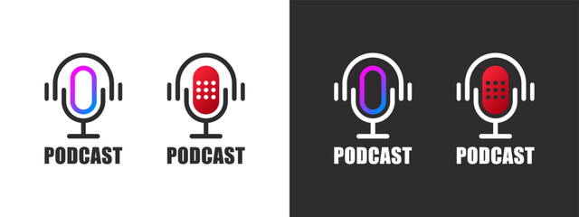 Podcast concept icon. Podcast microphone icons. Icon microphone and headphones. Vector illustration