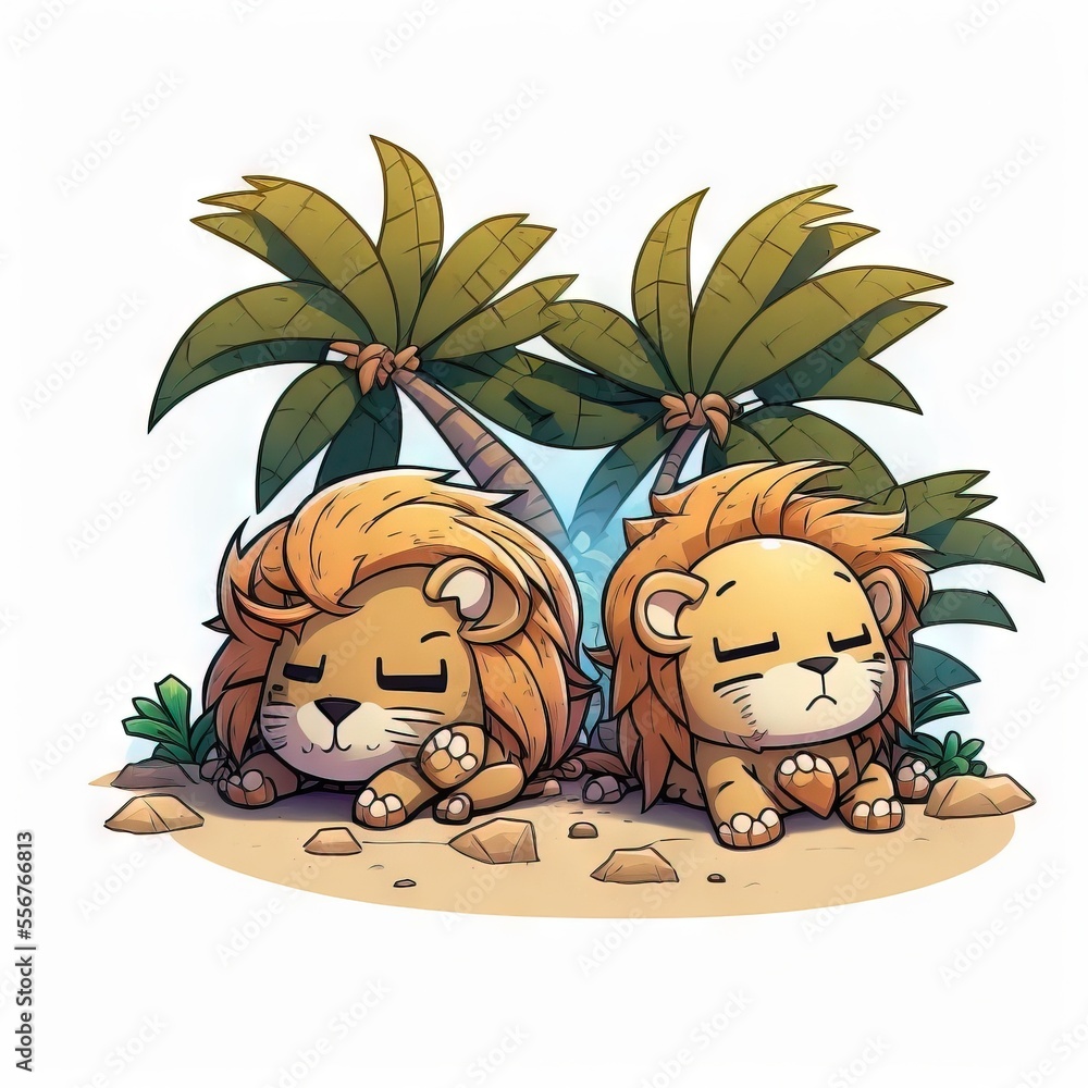 Poster two lions sitting under a palm tree on a beach with a blue sky in the background and a palm tree in 