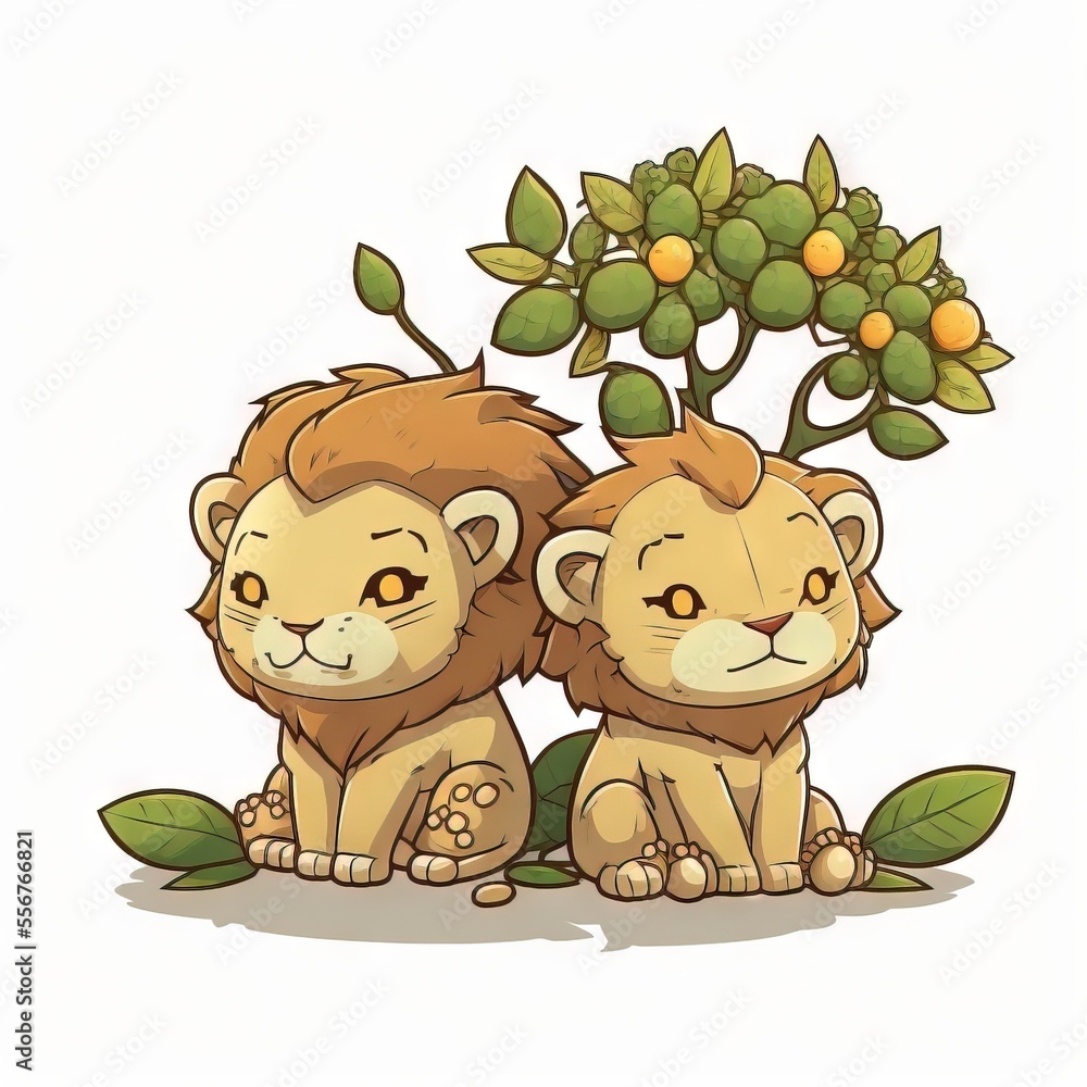 Poster two lions sitting next to each other under a tree with oranges on it's branches and leaves. generati