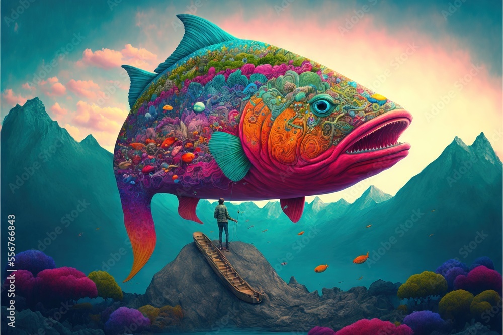 Poster a painting of a fish with a man standing on a platform in front of it and a mountain in the backgrou