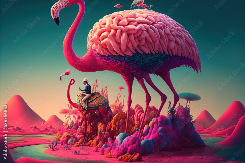 Poster a man riding a flamingo on top of a pink hill with a brain on it's back. generative ai