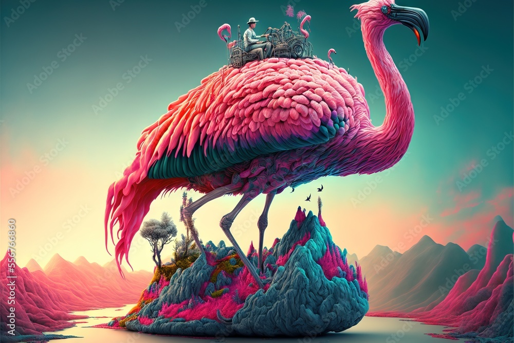Poster a pink flamingo with a man on top of it standing on a rock in the middle of a lake. generative ai