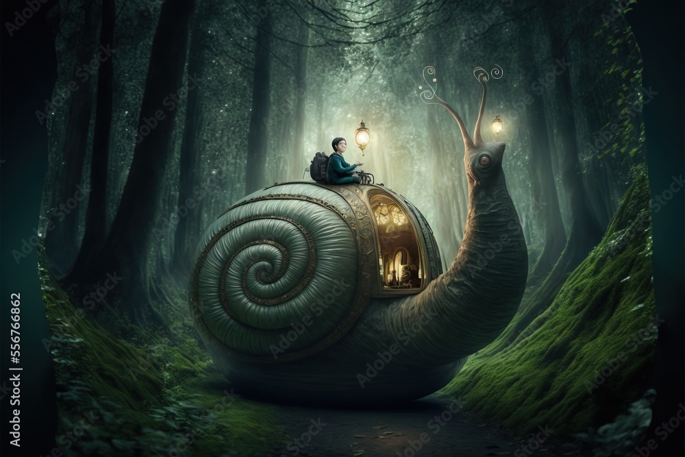 Poster a snail with a person sitting on top of it in the middle of a forest with a light bulb. generative a