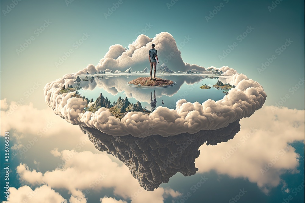 Poster a man standing on a floating island in the sky with clouds and trees on it. generative ai