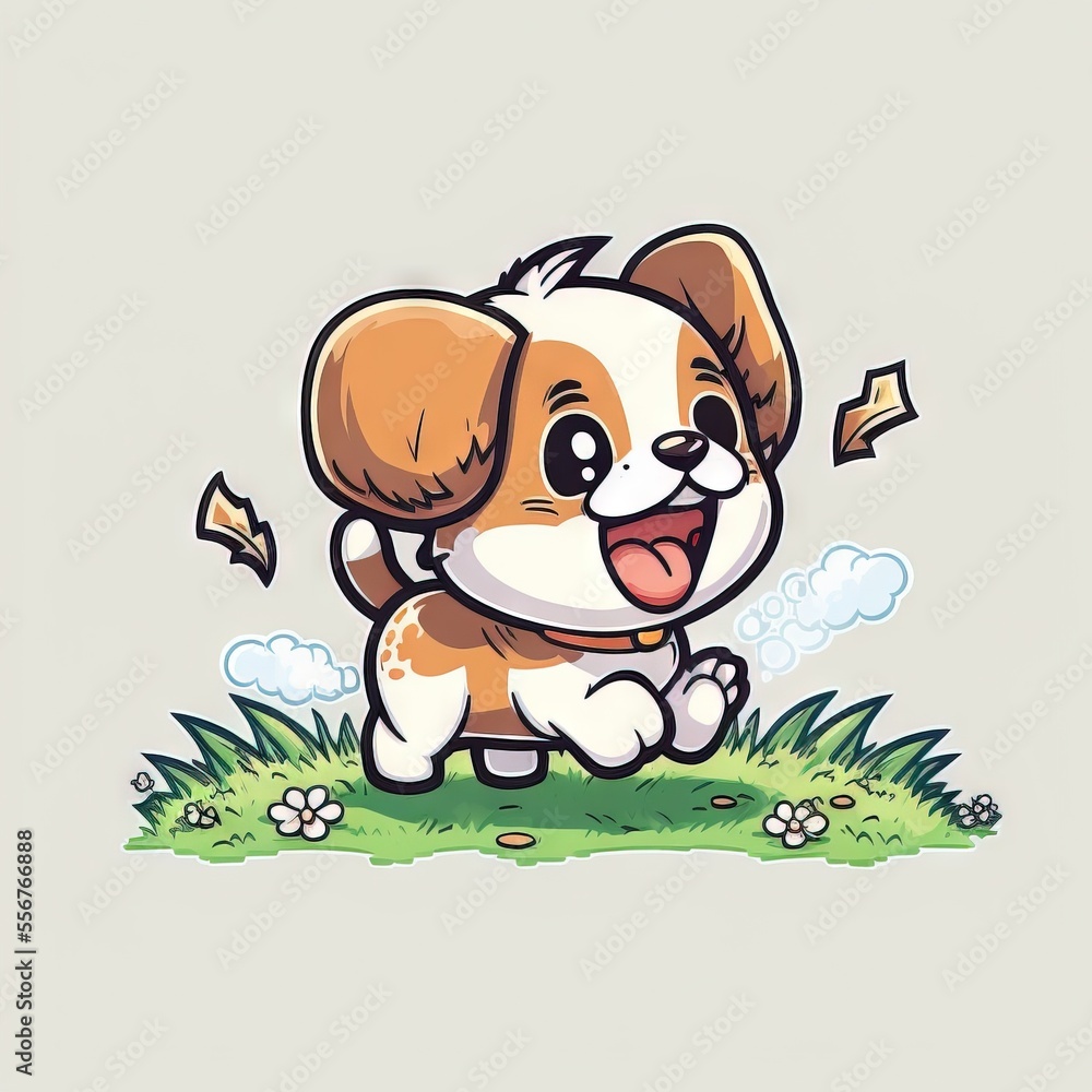 Poster a cartoon dog running through the grass with a cloud in the background and a dog on the ground behin