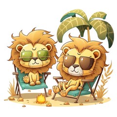  two lions sitting in lawn chairs next to a fire and a palm tree on a white background illustration by alex krawc. Generative AI - obrazy, fototapety, plakaty