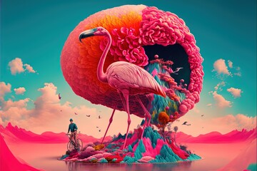  a flamingo standing on a small island with a man on a bicycle in the background and a pink sky.