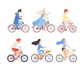 Naklejka premium People riding bicycles set. Side view of cycling men and women exercising, relaxing or going to work. Eco friendly transport, healthy lifestyle flat vector