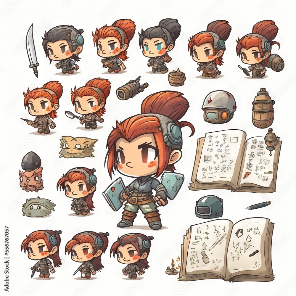 Poster a bunch of different character designs for a game character sheet. generative ai