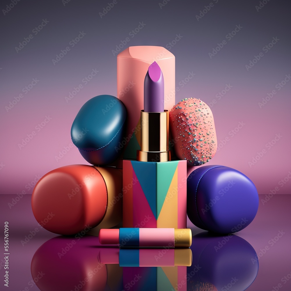 Poster a colorful lipstick and some donuts on a table with a purple background and a pink background behind