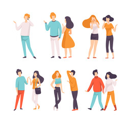 Obraz premium Communicating people set. Male and female friends or colleagues talking to each other. People meeting and chatting onphone flat vector illustration