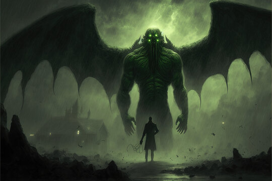 Scary Lovecraftian monster Cthulhu concept art illustration, 
