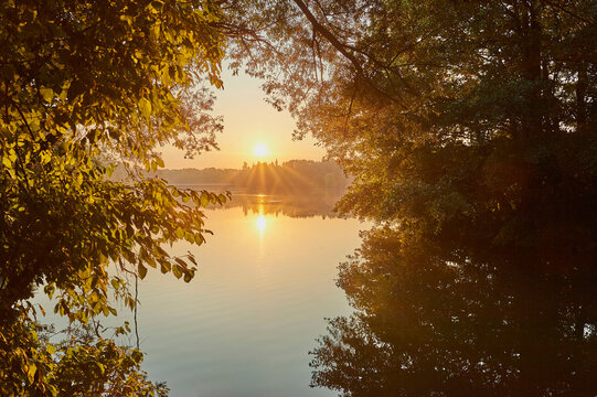 Sunrise at lake Wohrder See framed by foliage on trees, near Nuremberg; Franconia, Bavaria, Germany