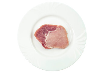 Pork meat slice on a white plate, isolated on white