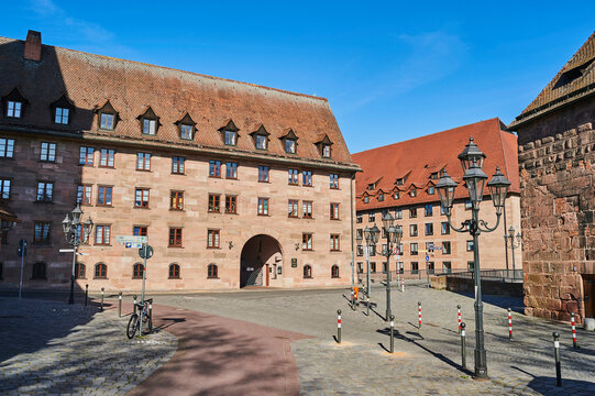 View of the deserted Nuremberg old town in times of the Covid-19 global pandemic; Nuremberg, Franconia, Bavaria, Germany