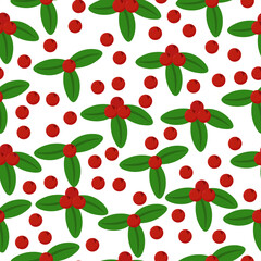 Cranberries seamless pattern, red berries with and without leaves on a white background