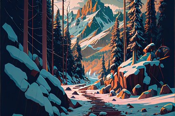 A beautiful snowy trail through a snowy forest. AI generated art illustration.	
