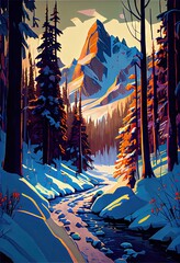Fototapeta na wymiar A beautiful snowy trail through a snowy forest. AI generated art illustration. 