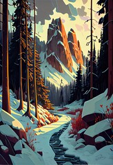 A beautiful snowy trail through a snowy forest. AI generated art illustration.	
