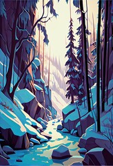 A beautiful snowy trail through a snowy forest. AI generated art illustration.	
