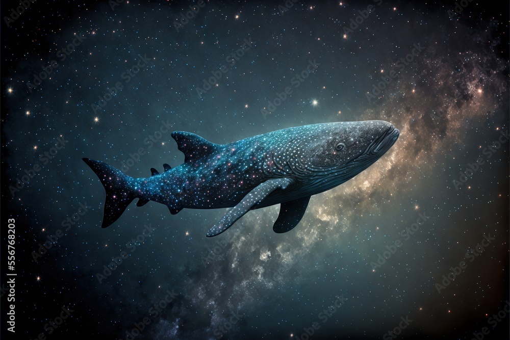 Poster a whale floating in the air with stars in the background and a galaxy in the sky above it. generativ