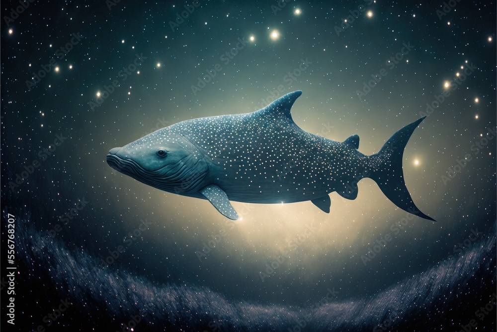 Poster a large fish floating in the air with stars in the background and a sky full of stars in the backgro