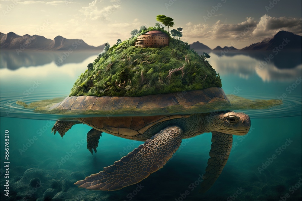 Poster a turtle floating in the water with a house on top of it's head and a tree on top of it. generative 