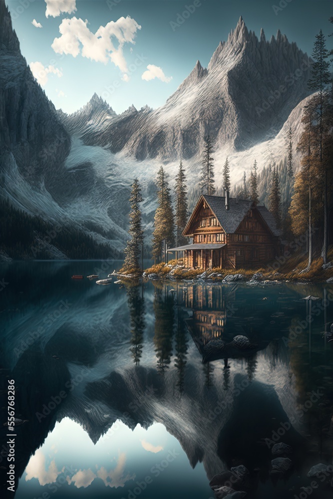 Poster a painting of a cabin on a lake with mountains in the background and a sky with clouds in the backgr