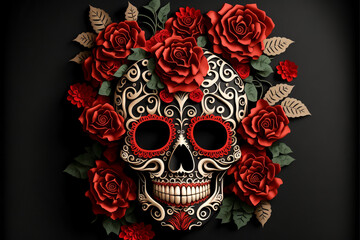 Mexican style sugar skull and red roses decoration.
Generative ai