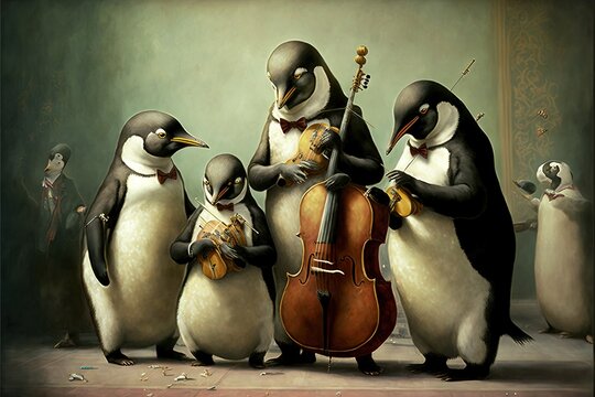  a group of penguins playing instruments together in a painting style. Generative AI