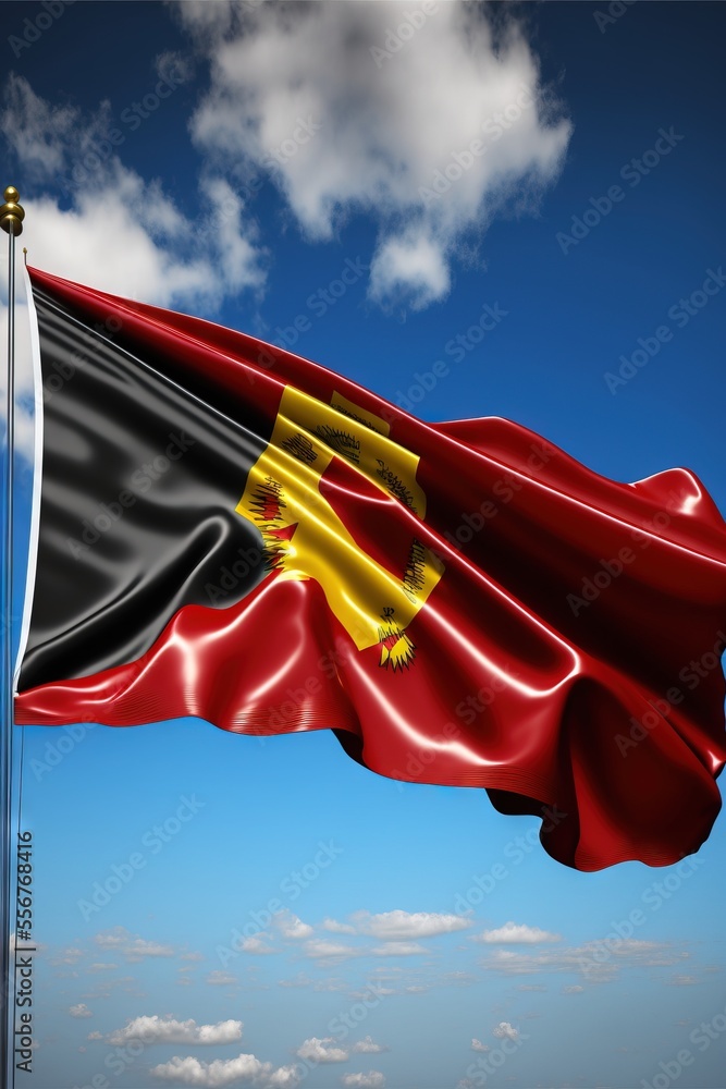 Poster  a flag flying in the wind with a blue sky in the background with clouds in the sky and a few clouds in the sky. Generative AI